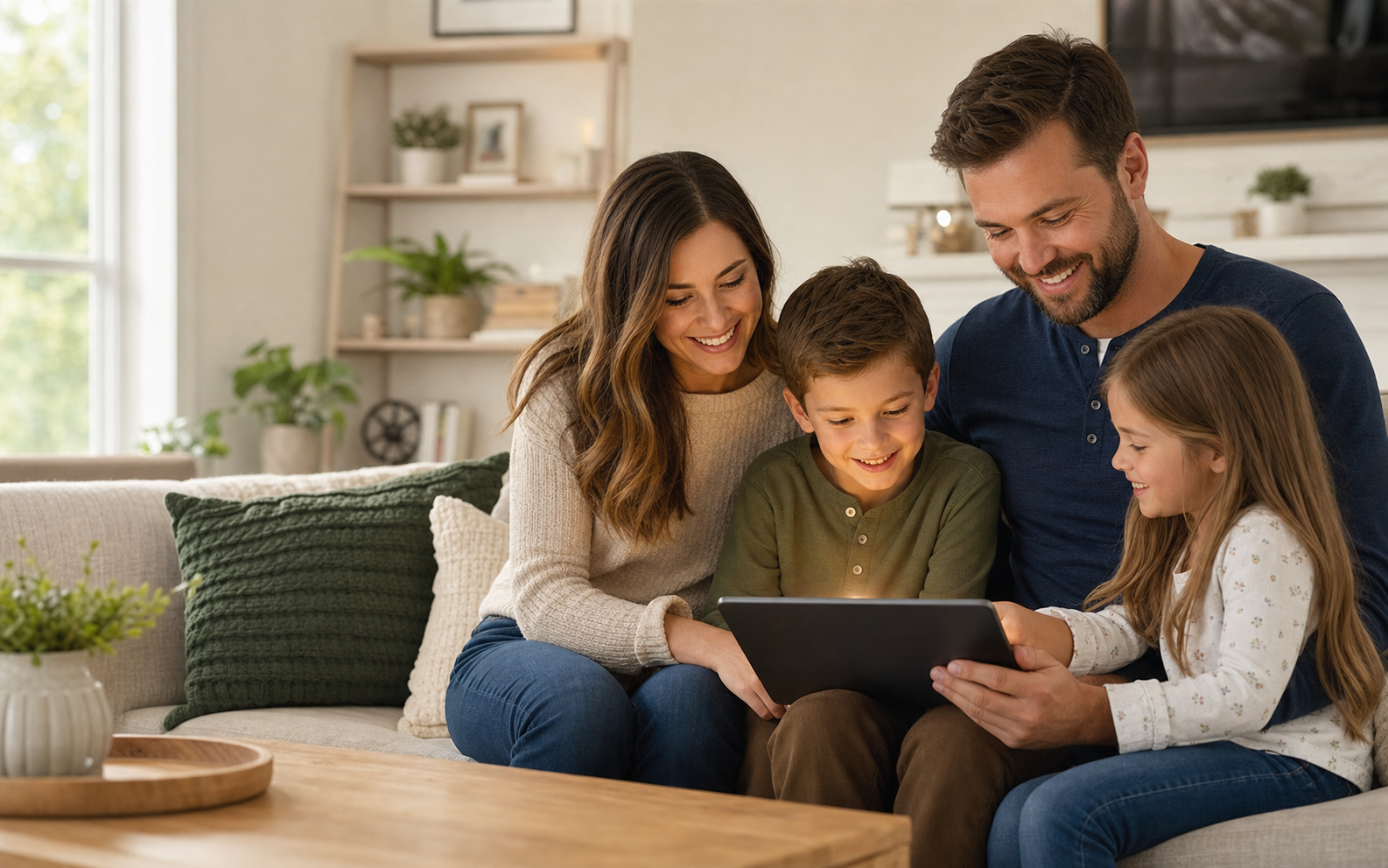 An American family using a family app together at home